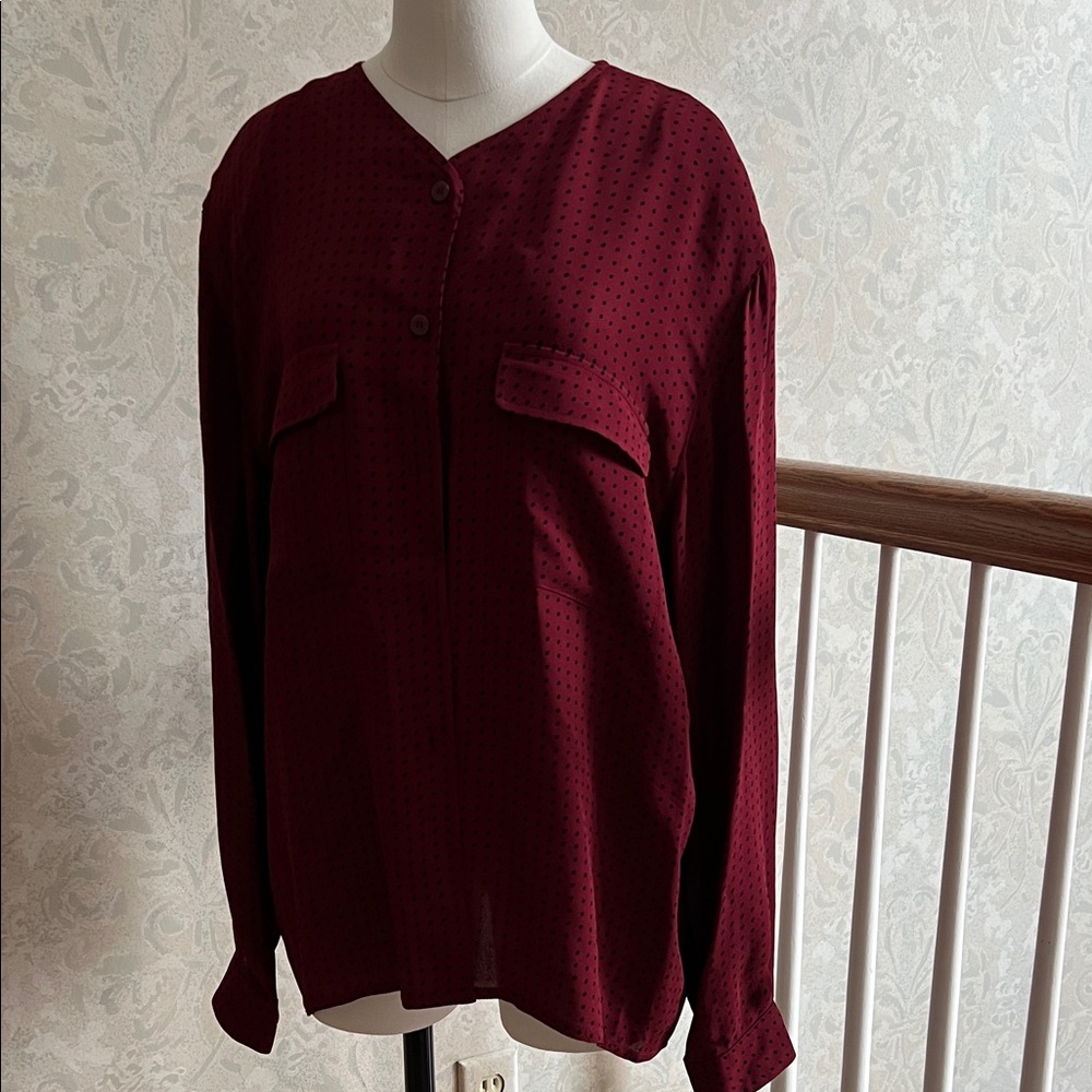 Jones New York Burgundy and Black Button-Up Long Sleeve Blouse - Size 16 Vintage